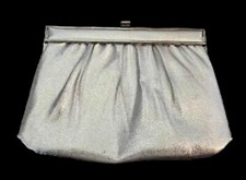 Vintage Small Silver Metallic Clutch Handbag Top Clasp Chain Strap Evening Bag