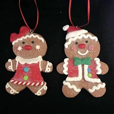 SET OF 2 GLITTERED GINGERBREAD Boy & Girl COOKIE ORNAMENTS