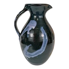 Handmade Studio Art Pottery Pitcher Deep Teal Blue Purple Drip Glaze Ceramic Jug
