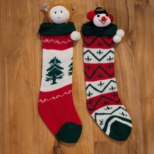 VINTAGE CHRISTMAS KNIT STOCKINGS WITH ATTACHED ANGEL  SNOWMAN