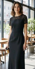 Evening Wear By Pat Argenti Black Long Dress SZ 12 Lace Details Short Sleeve