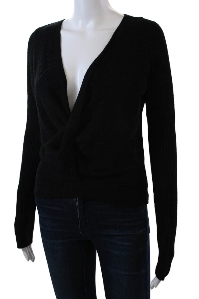 Suéter acanalado LYR By Splendid para mujer manga larga escote drapeado negro pequeño Foto 2 de 4