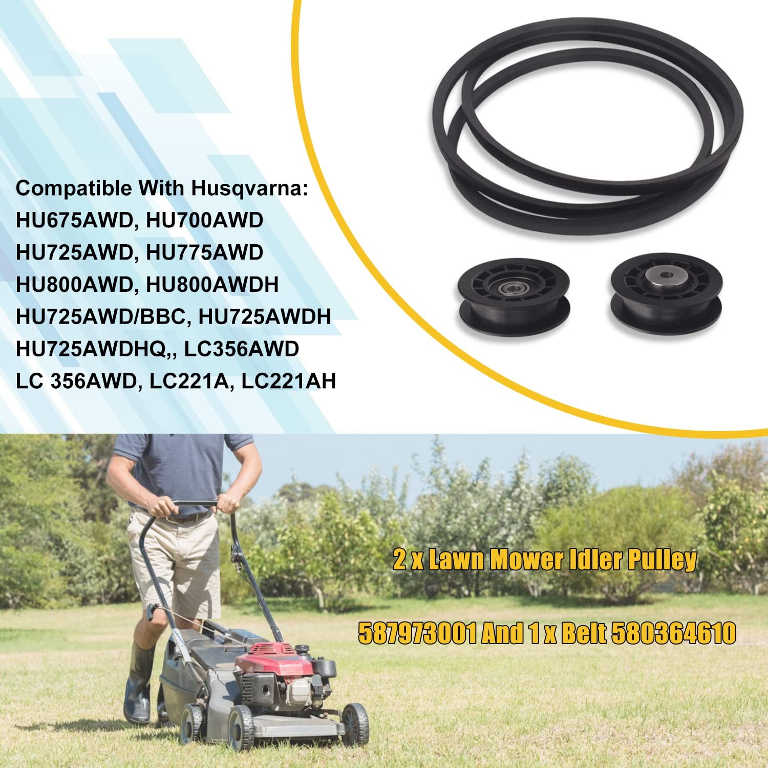 Braveboy 2 x Lawn Mower Idler Pulley 587973001 581904001 & 1 x Belt Black 