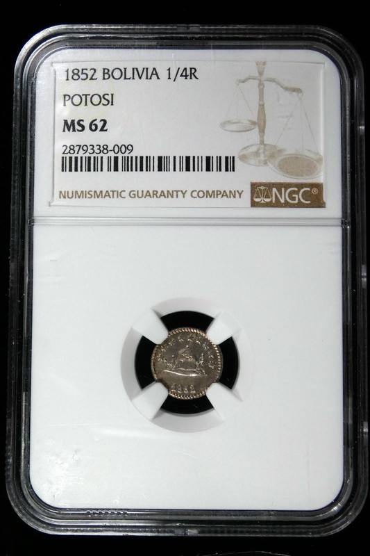Bolivia 1852 1/4 Real (SOL) NGC Certified MS 62. INV# 2059