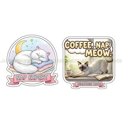 Cat Napping Nap Vinyl Decal Sticker Snacks Treat Sleep Funny Pet Meow 2 Pack J