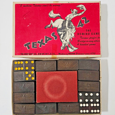 Vintage Spread Eagle Embossed Wooden Dominoes White/Yellow Dots Made in USA 1940