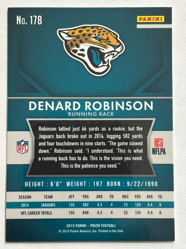 2015 Panini Prizm #178 Denard Robinson Jacksonville Jaguars - Image 2 of 2