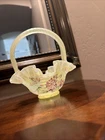 Fenton Hydrangeas on Topaz Opalescent 7.5" tall Basket Optic Drapery Uranium