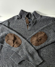 Chaps Sweater Mens Medium Gray Knit Henley 1/4 Button Brown Elbow Patches