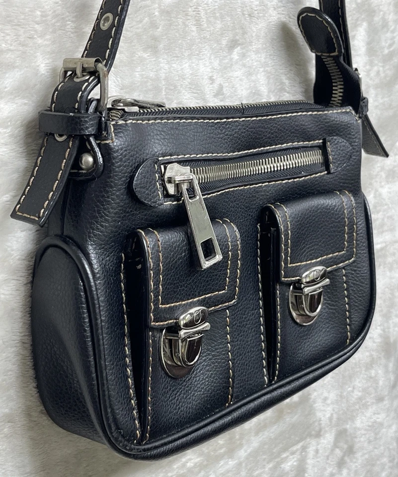 Vintage Womens Balck Pebbled Leather Shoulder Bag Handbag Satchel Purse Glazed - Image 2 of 4