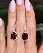 5.60 Ct Oval Cut Natural Ruby Diamond Drop 14K  Solid White Gold Earring