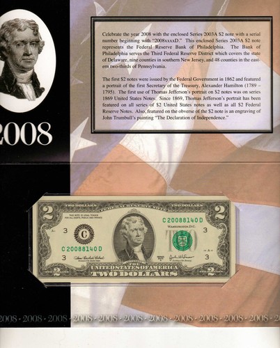 5 - 2003-A Consecutive $2 Single Note, Year "2008" in Ser #, from the BEP(U-101) - Picture 2 of 6