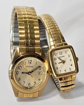 2 Pulsar Watches Women's Gold Tone Stretch Band Analog Needs Batteries