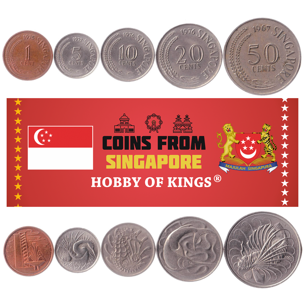 コレクション 1967 Singapore Coin Set Singapore | 5 Coin Set | 1 Cent 5 10 20 50 Cents | Seahorse | 1967