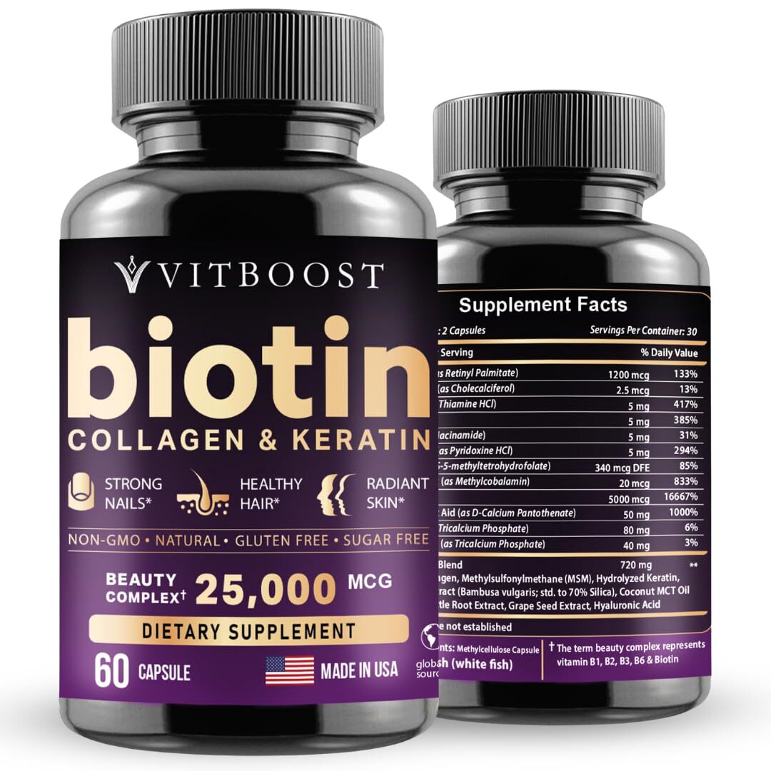 Biotin with Hyaluronic Acid, Collagen and Keratin – 25000 mcg Hair Growth Vit...