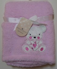 Girls Buttons Stitches Pink Sherpa Teddy Bear Heart Baby Blanket