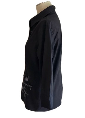 Chicos Black Appliqué Italy Shirt Top Artsy Embroidered Button 