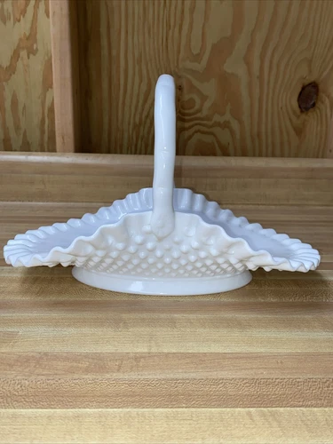 Fenton White Milk Glass Hobnail Ruffled Banana Basket With Handle Vintage bride