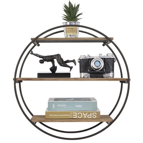Large 20" Vintage Wood Wall Rack Round Storage Shelf Industrial Style Metal Wire - Picture 5 of 12