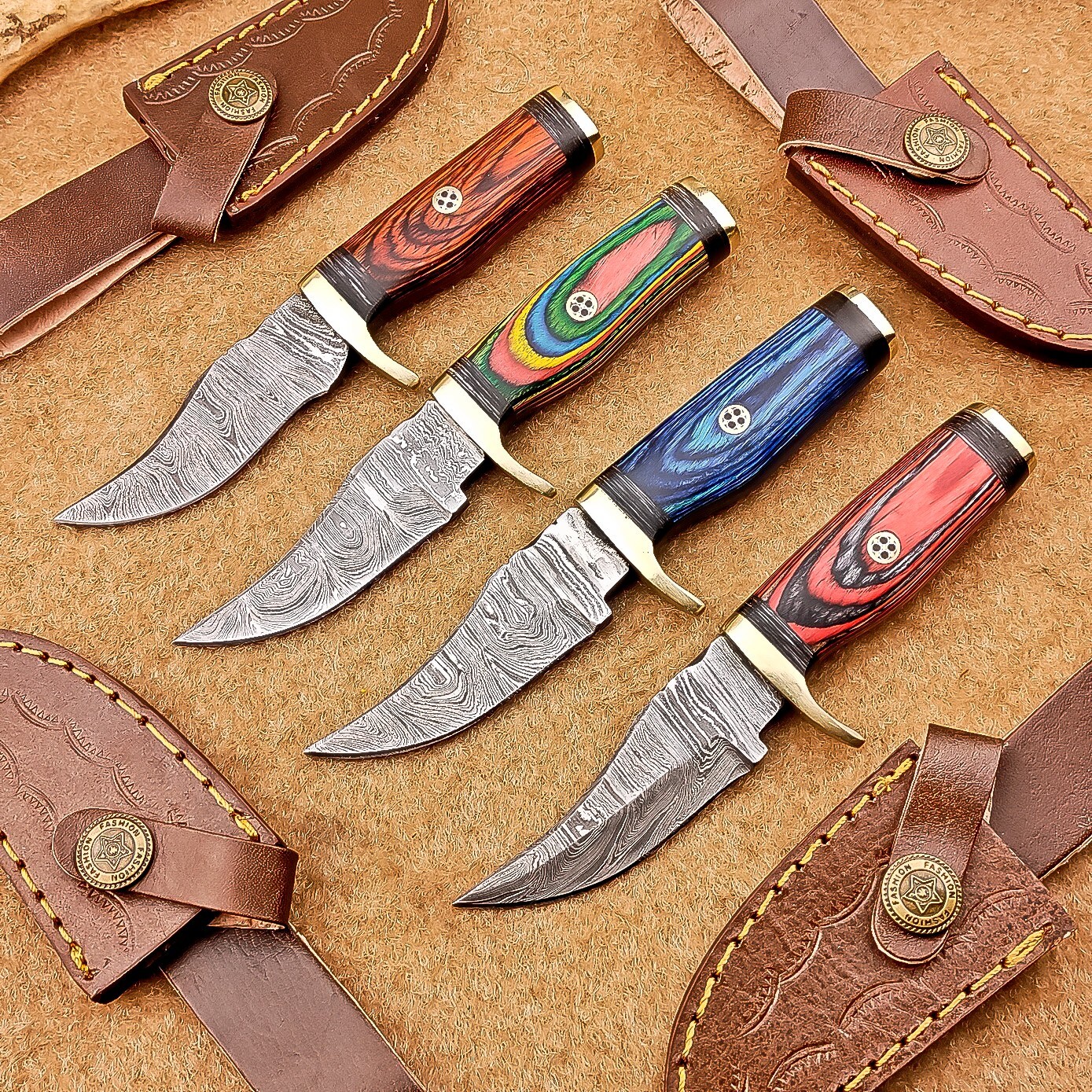 4-Piece Damascus Skinner Knife Set with Wood Handles & Leather Sheaths | 6-Inch Blades | IT-1140