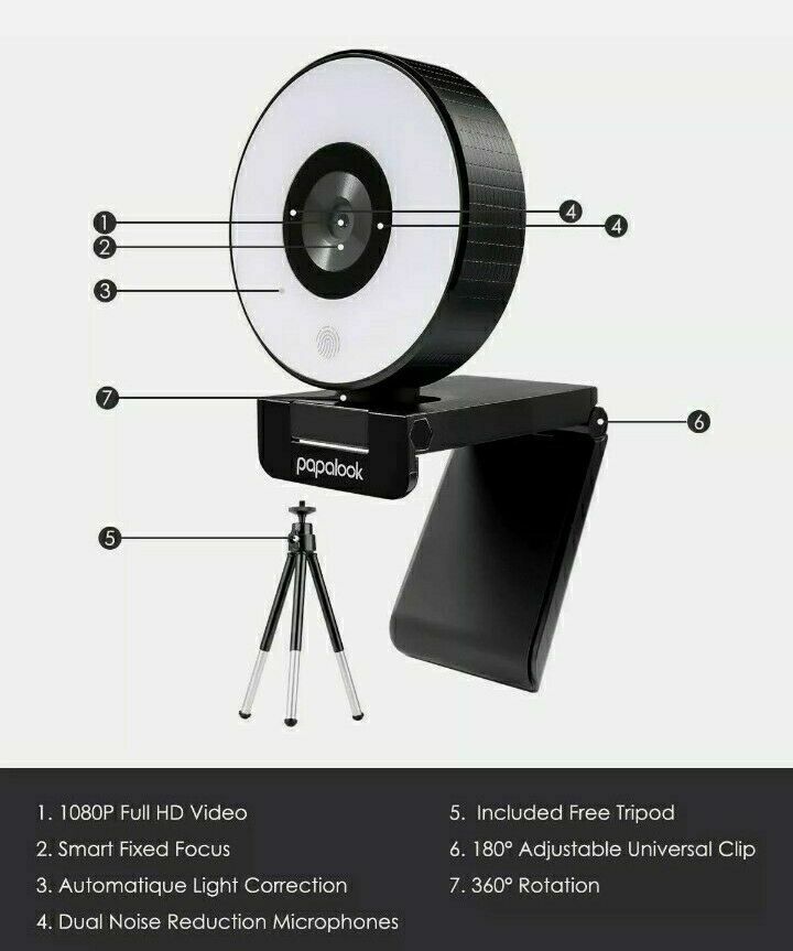 Papalook PA552 HD 1080P Fixed Focus Webcam with Studio-Like LED Ring Light