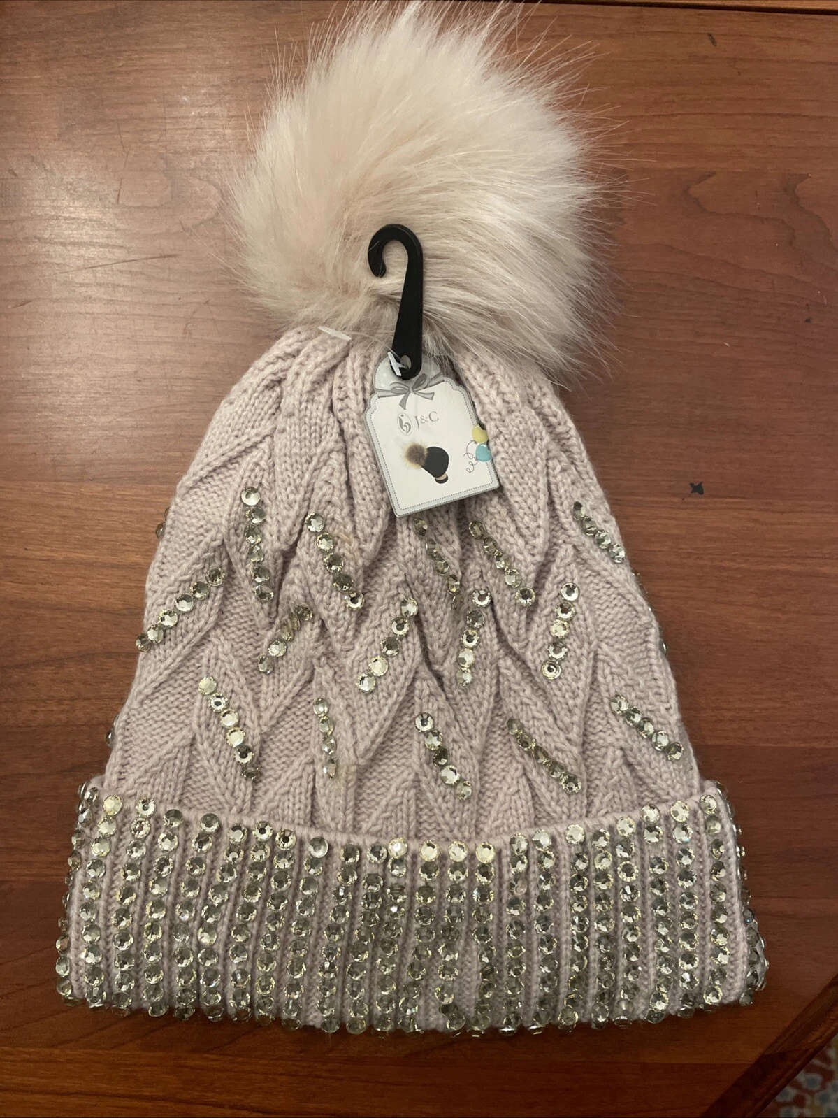 J&C Beige/Blush Knit Fleece Lined Rhinestone Hat With Pom. NWT
