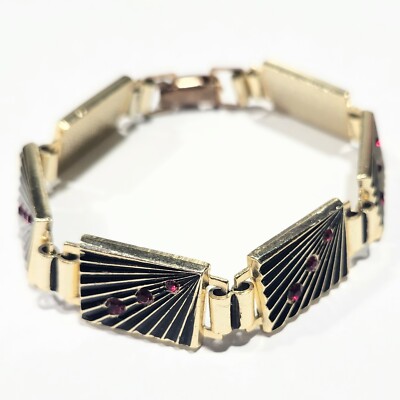 Vtg Gold Tone Eloxal Aluminum Black Enamel Red Rhinestone  Panel Bracelet