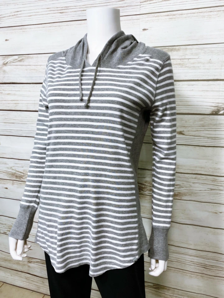 Sudadera con capucha Eddie Bauer para mujer talla S gris y blanco a rayas manga larga 100 % algodón Foto 4 de 4