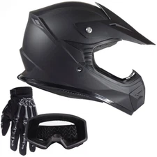  Matte Black Youth Motocross Helmet Kids Goggles Gloves Dirt ATV DOT Riding Gear