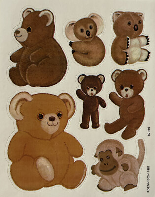BROWN TEDDYBEAR/MONKEY Stickers(7pc)Dennison Stuffed Kids Toy Forest  Koala￼ 