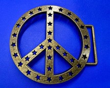Peace Sign Symbol With Star Openwork Brass Tone Hippy Vibe Belt Buckle