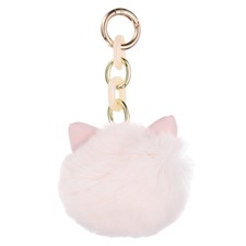 5.5" Cat Ear Fur Ball Keychain, Rabbit Hair Plush Pom Bag Charm, Cream