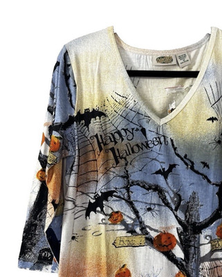 Womens Medium Top Fall Halloween 3/4 Sleeve Tee Shirt Jack-O-Lantern Whimsigoth