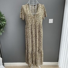 Zara Khaki Ditsy Floral v-neck Smock Frill Hem Dress EUR S