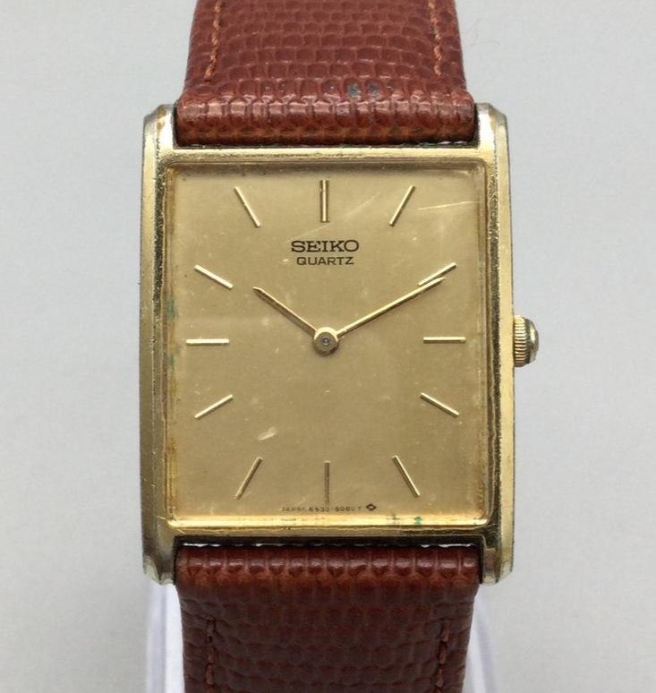Vintage Seiko Tank Watch Men 25mm Gold Tone 6530-5039 Brown