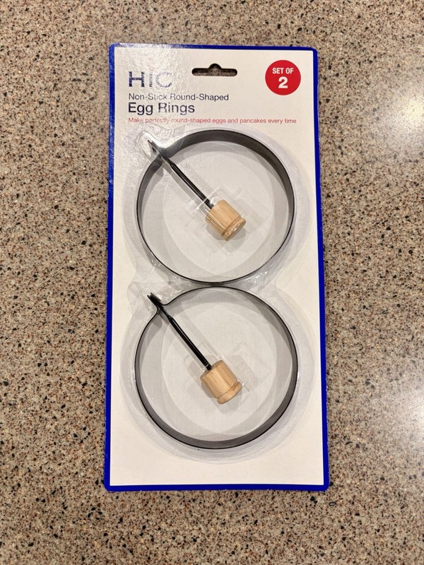 HIC Nonstick Egg Rings Set of 2 Round Pancake Egg Mold with Fold Handle NEW