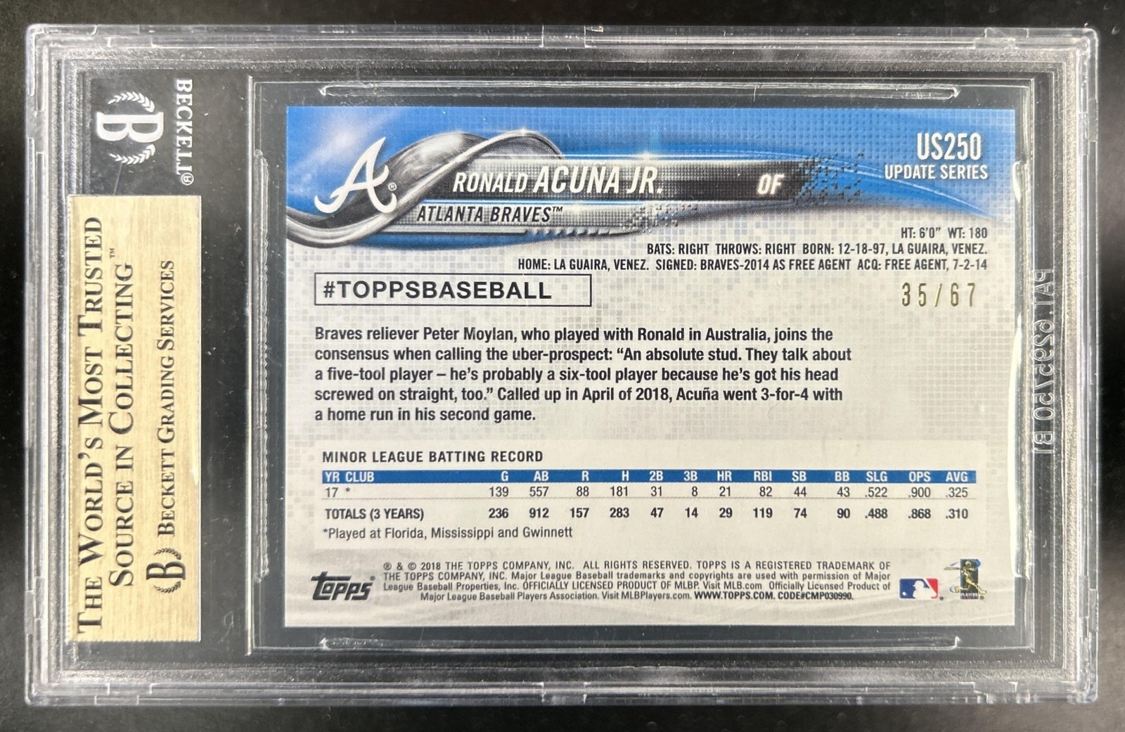 2018 Topps Update Ronald Acuna Jr. Black Rookie RC #/67 Braves BGS 9.5 GEM MINT view 2