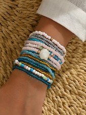 Boho Multi Strand Seed Bead Bracelet Set Wide White Shell Blue Gold Statement Boho Multi Strand Seed Bead Bracelet Set Wide White Shell Blue Gold Statement
