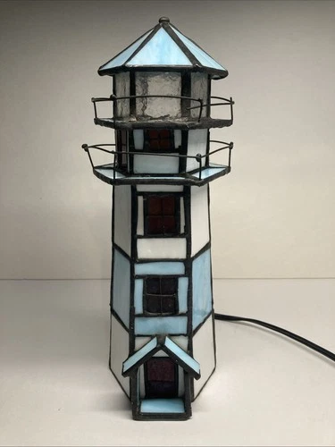 Vintage Blue and White Stained Glass Lighthouse Lamp Night Light Tiffany Style