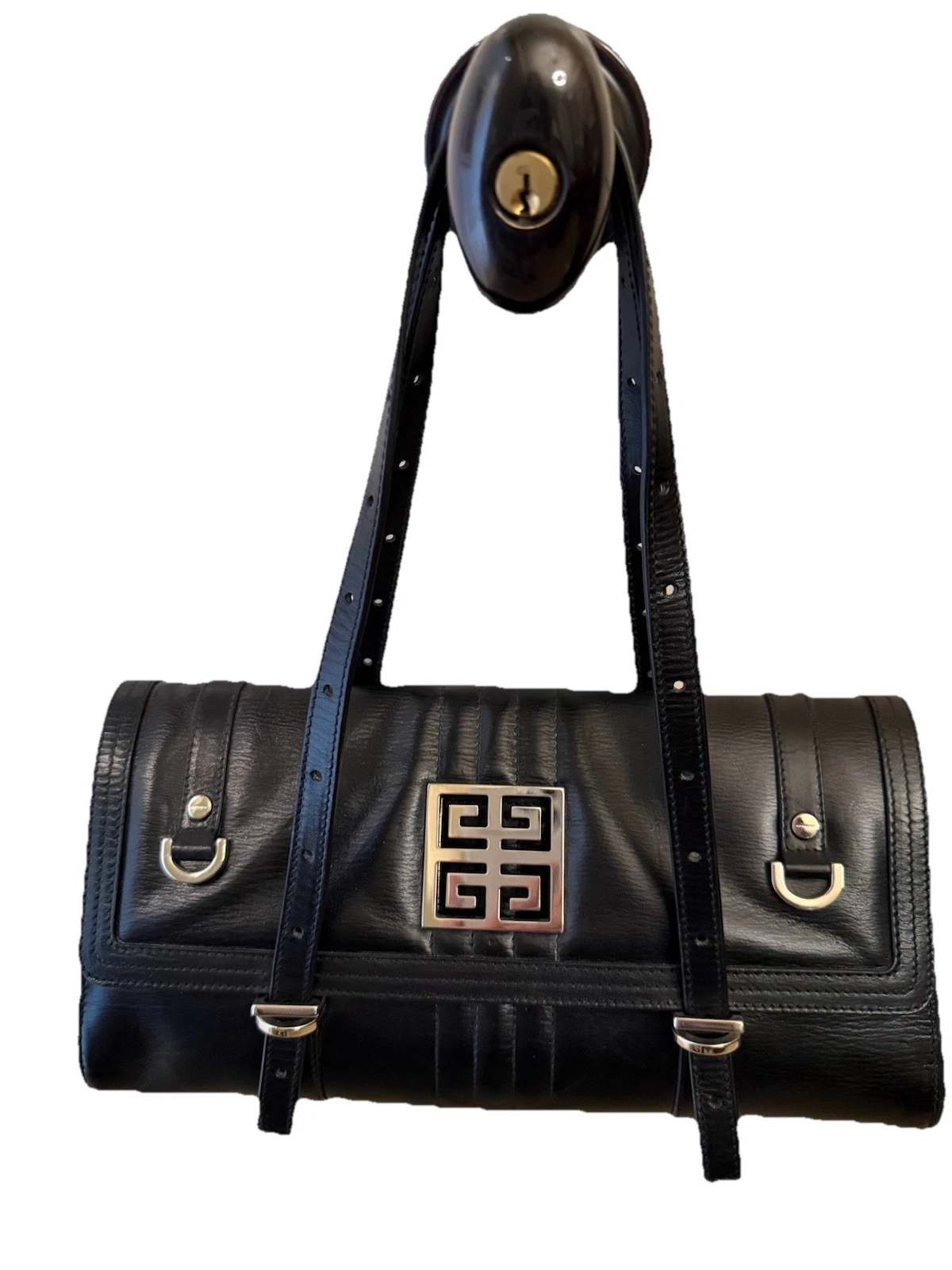 Givenchy — GIVENCHY  Silver Logo/Black Leather Double Strap Handbag EXQUISITE DETAILS/ NEW!