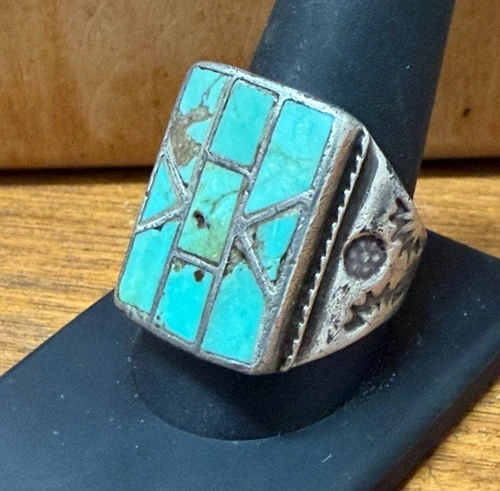 Vtg Native American Sterling Silver Mosaic Turquoise Inlay Men’s Ring Sz 10.5