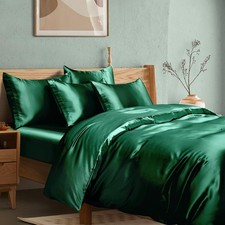 6Pcs Dark Green Duvet Cover Silky Queen Satin Duvet Cover Fitted Sheet - Not ...