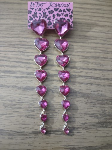 Betsey Johnson Pink Crystal Hearts Drops Dangle Earrings