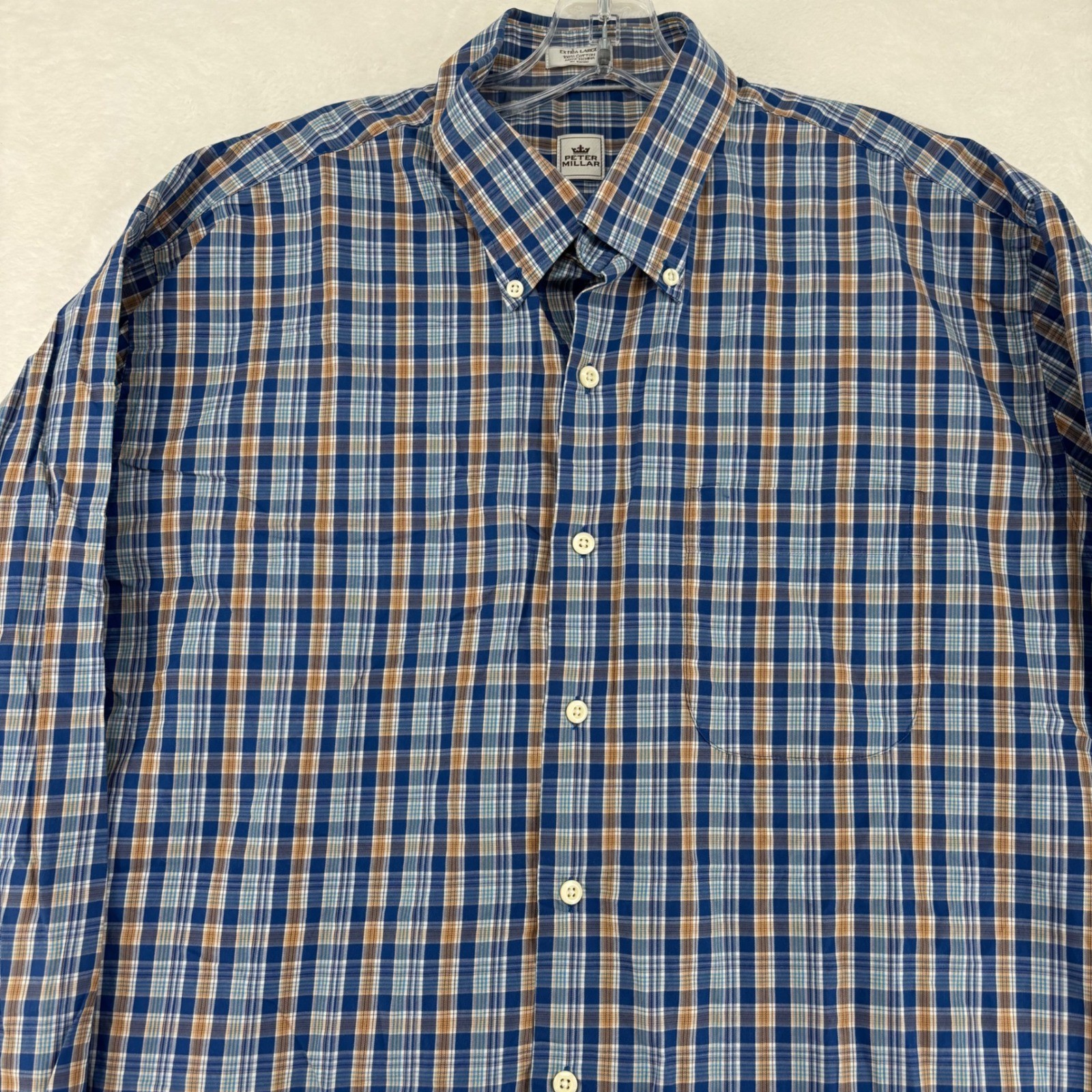 Peter Millar Mens XL Blue Tan Plaid Cotton Button Down Long Sleeve Shirt