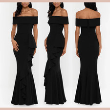 NEW 279 Betsy  Adam  8  Carina Long Off Shoulder Ruffle Gown Black Q1288