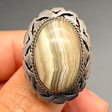 Vintage Banded Agate Sterling Silver Ring Adjustable Size 7.75