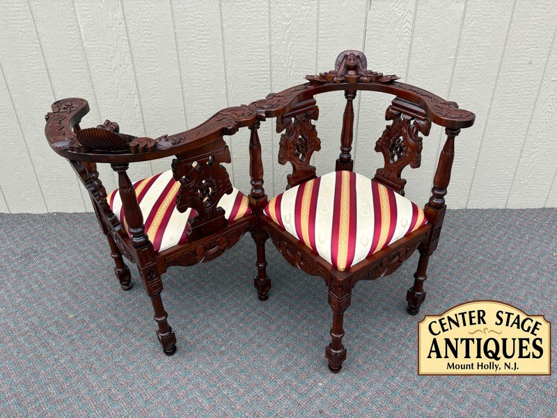 67730  Victorian Tête-à-Tête Loveseat, Carved Mahogany, Striped Upholstery