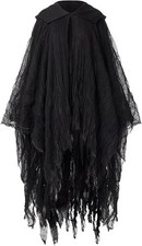 Halloween Tattered Cloak Grim Reaper Hooded Cape Medium Black