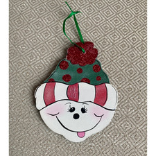 Hand Painted Wooden Snowman Christmas Ornament 5" x 4" Signed Great Condition 