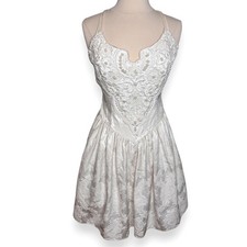 Vintage Jessica McClintock Gunne Sax White Embellished Jacquard Dress Size 9/10